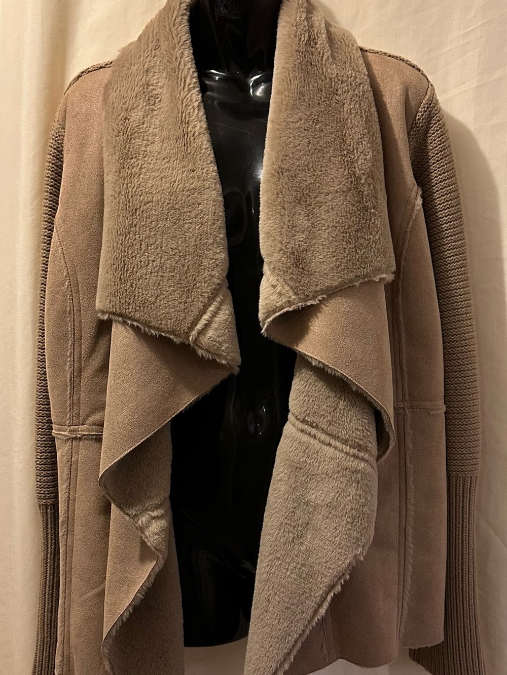 Women's Draped Faux-Shearling Suede Sweater Jacket in Taupe